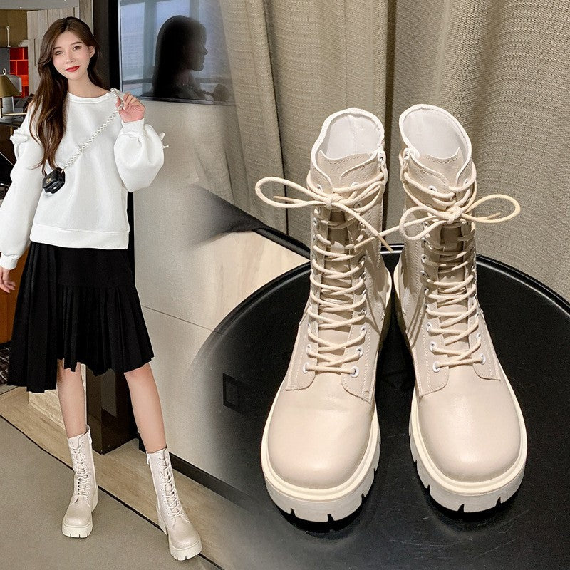 Women's Cool White English Style Thick Sole Spring And Autumn Single Boots - Premium Dames laarzen from My Store - Just €48.48! Shop now at KIYOO Royal Brand