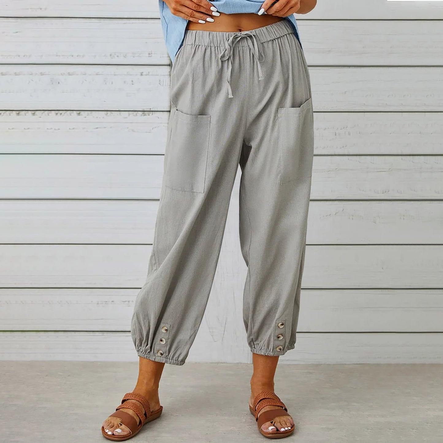 Women Drawstring Tie Pants Spring Summer Cotton And Linen Trousers With Pockets Button - Premium dames broeken from My Store - Just €27.59! Shop now at KIYOO Royal Brand