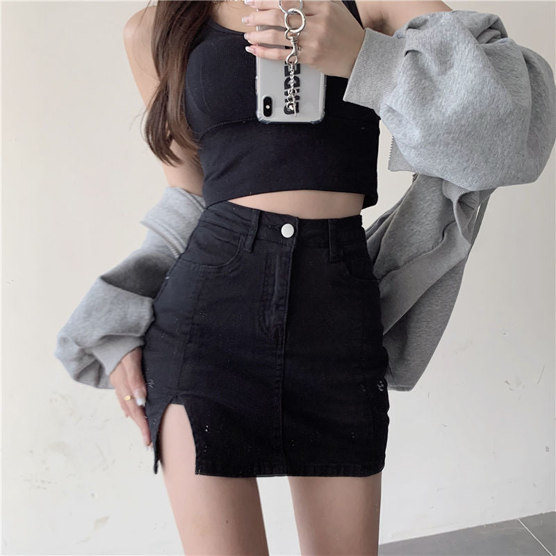 Split High Waisted Slim Denim Skirt - Premium Rokken from My Store - Just €32.12! Shop now at KIYOO Royal Brand