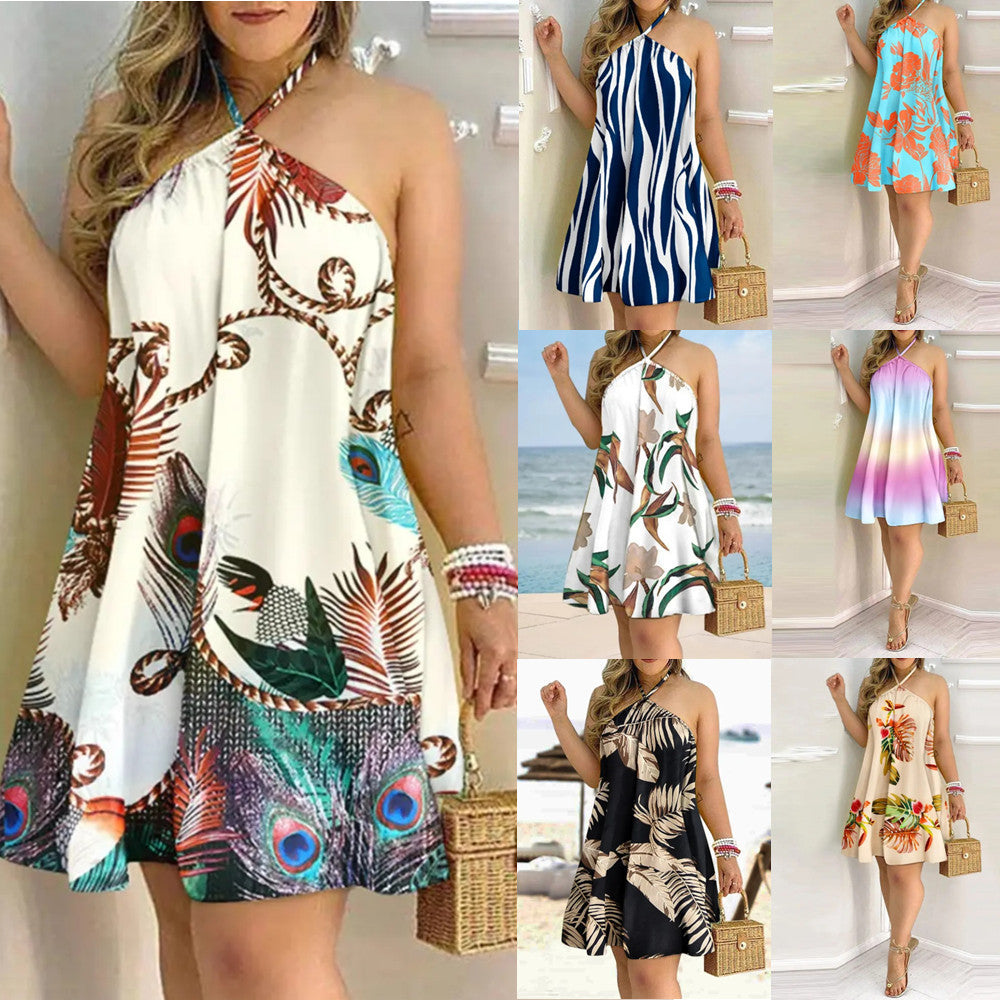 Printed Dress Summer Off-Shoulder Hanging Neck Sleeveless - Premium jurken from My Store - Just €26.26! Shop now at KIYOO Royal Brand