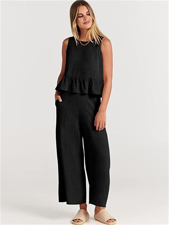 Pleated Vest And Wide-leg Cropped Pants