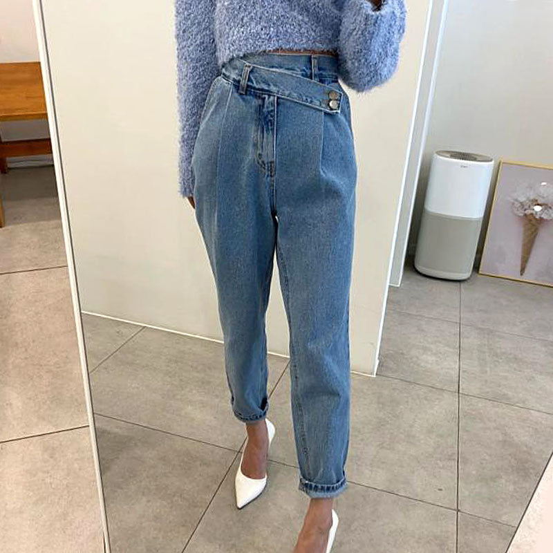 Retro High Waist Irregular Buckle Loose Casual Jeans - Premium Dames Jeans from My Store - Just €41.73! Shop now at KIYOO Royal Brand