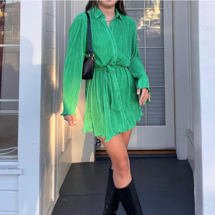 Shirt Dresses For Women  Vneck Long Sleeve Mini Button Down Dress Casual Ruffle Tunic Tops With Belt - Premium Jurken from My Store - Just €46.02! Shop now at KIYOO Royal Brand