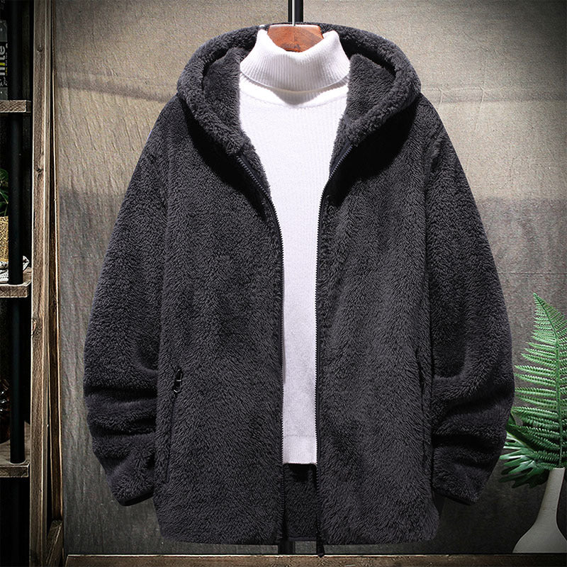 New Large Size Men's Casual Grain Fashion Fleece Hooded Jacket