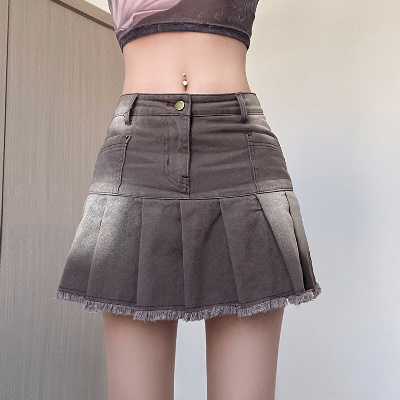 Women's Old Washed High Waist Denim Pleated Skirt - Premium Rokken from My Store - Just €46.18! Shop now at KIYOO Royal Brand