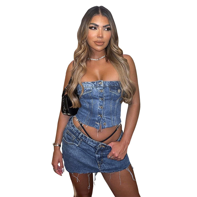 Women's Summer New Solid Color Buttons Zipper Pocket Short Denim Skirt - Premium jumpsuit from My Store - Just €36.65! Shop now at KIYOO Royal Brand