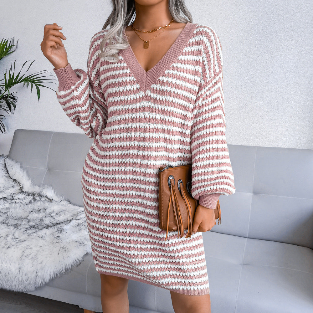 Ins Striped Sweater Dress V-neck - Premium Jurken from My Store - Just €51.51! Shop now at KIYOO Royal Brand