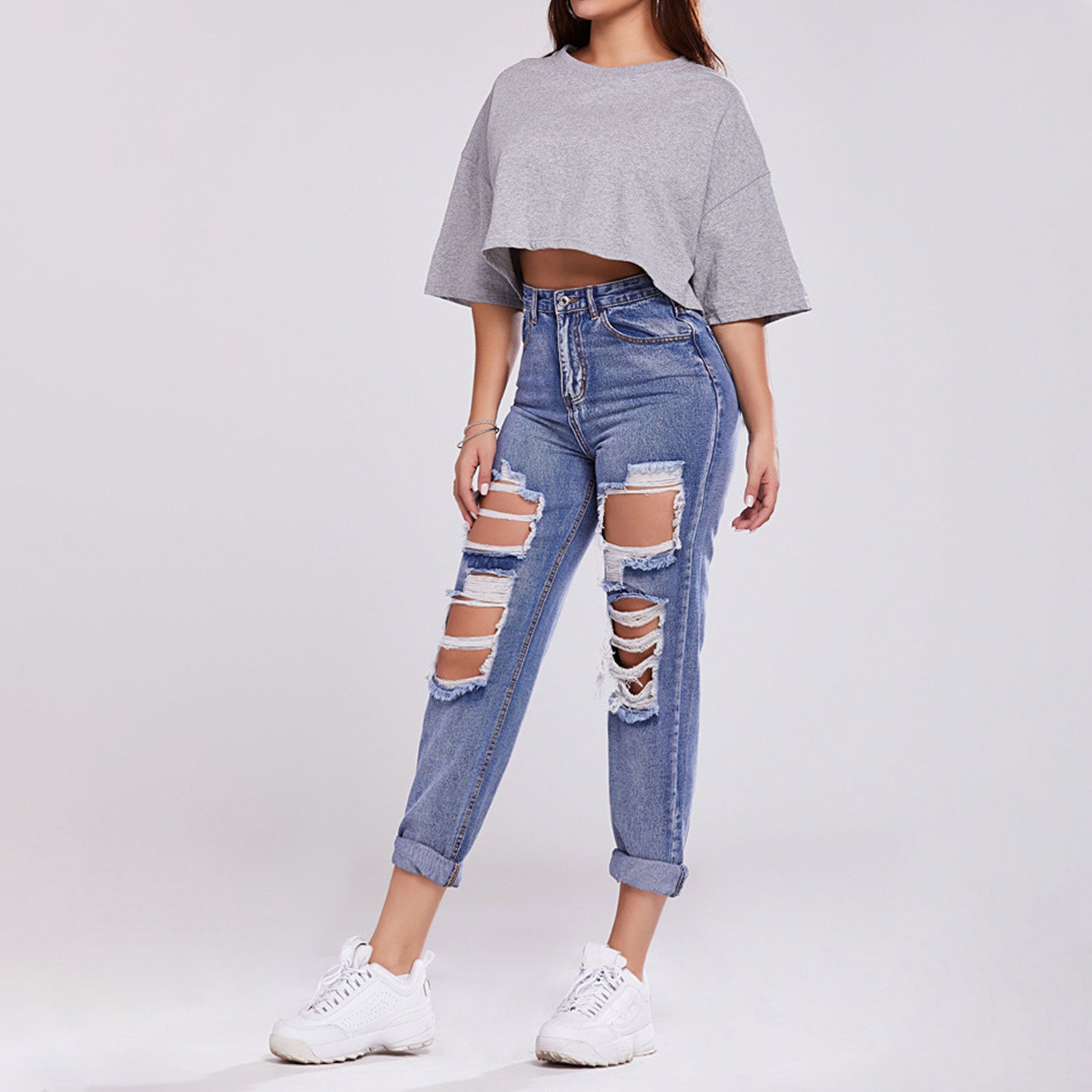 Ladies Trousers High-waisted Butt-lifting Holes Casual Straight-leg Denim Trousers - Premium Dames Jeans from My Store - Just €43.04! Shop now at KIYOO Royal Brand