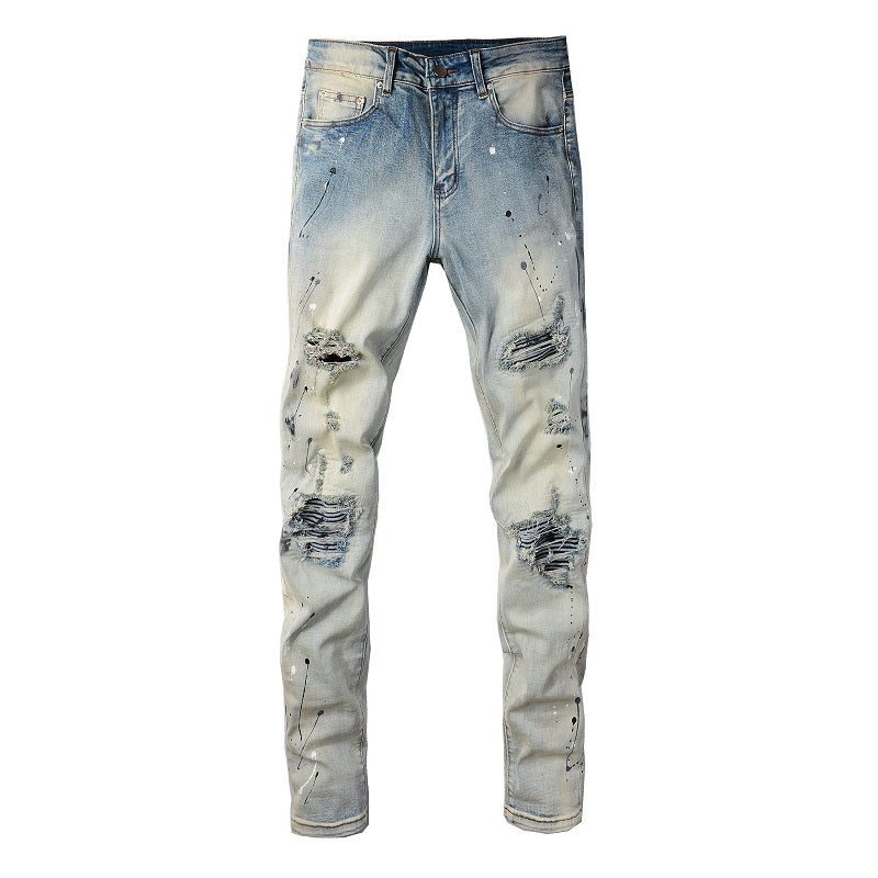 Light Colored Paint Splashing Ink Making Old Washed Jeans For Men - Premium Jeans from My Store - Just €106.88! Shop now at KIYOO Royal Brand