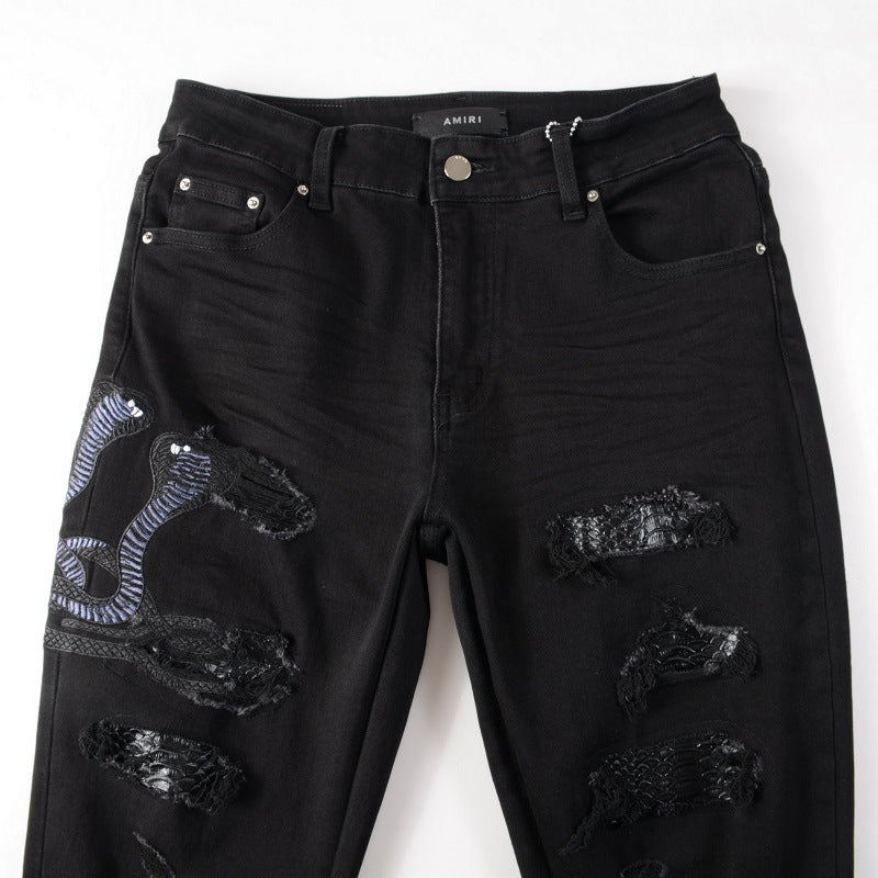 Broken Jeans With Elastic Embroidery Snake - Premium Jeans from My Store - Just €67.93! Shop now at KIYOO Royal Brand