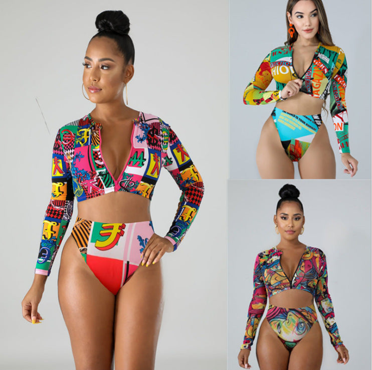 New Graffiti Print Zipper Deep V Long Sleeve Sun Protection Bikini Swimsuit - Premium Badmode Dames from My Store - Just €31.52! Shop now at KIYOO Royal Brand