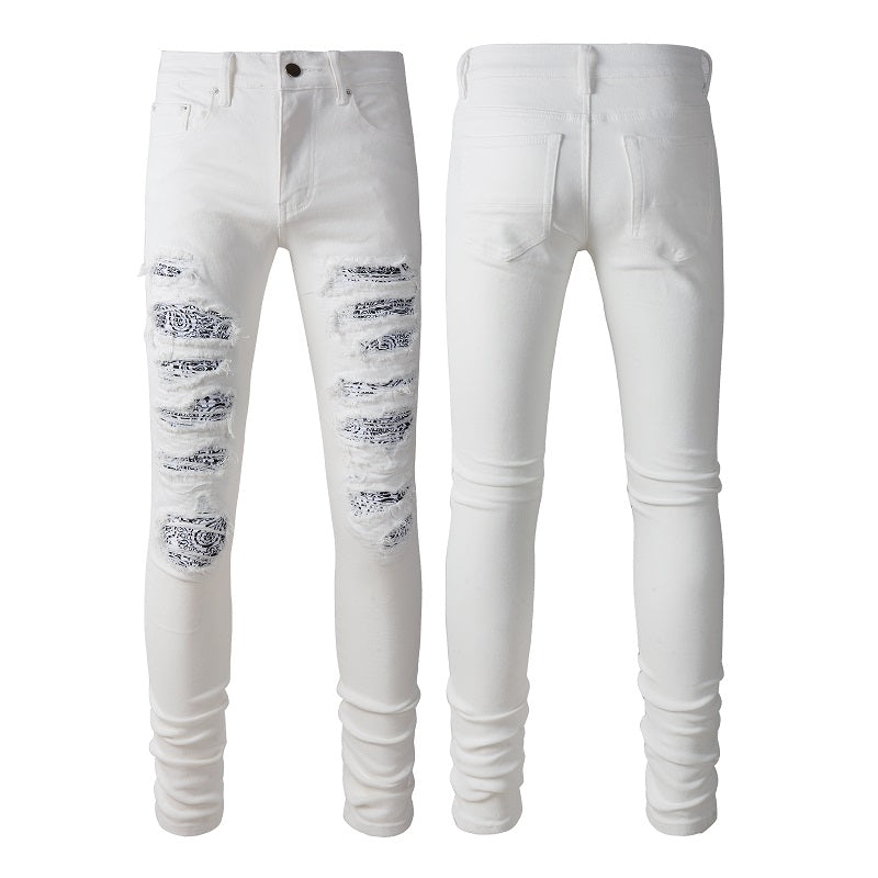 White Cashew Flower Patch Torn Jeans - Premium Jeans from My Store - Just €104.84! Shop now at KIYOO Royal Brand