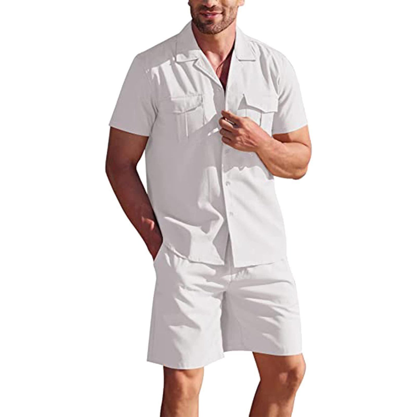 Lapel Collar Short Sleeve Shirt Set With Pockets - Premium korte broeken/shirts from My Store - Just €45.85! Shop now at KIYOO Royal Brand