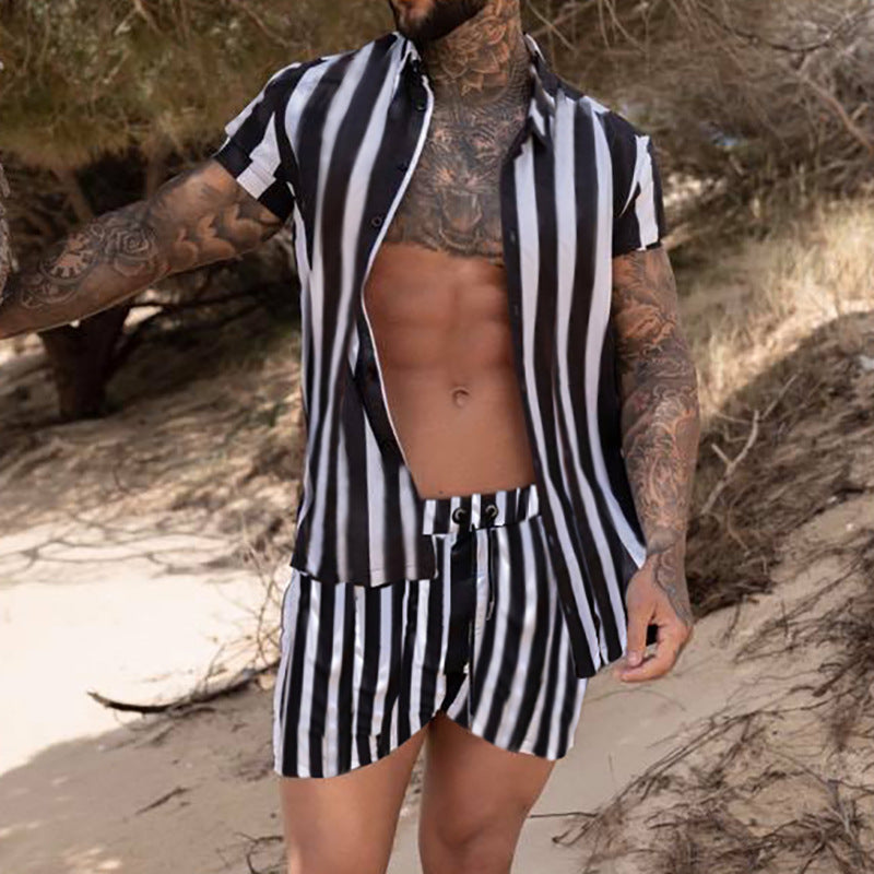 Men's Fashion Casual Beach Vertical Striped Shirt And Shorts Suit - Premium korte broeken/shirts from My Store - Just €39.95! Shop now at KIYOO Royal Brand