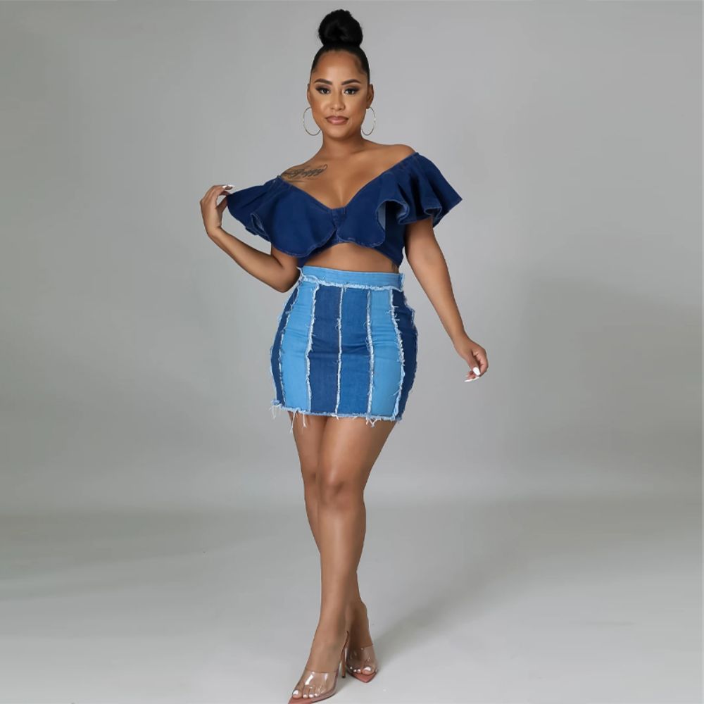 Design Sense Patchwork Washed Pleated Belt Denim Skirt - Premium Rokken from My Store - Just €32.46! Shop now at KIYOO Royal Brand