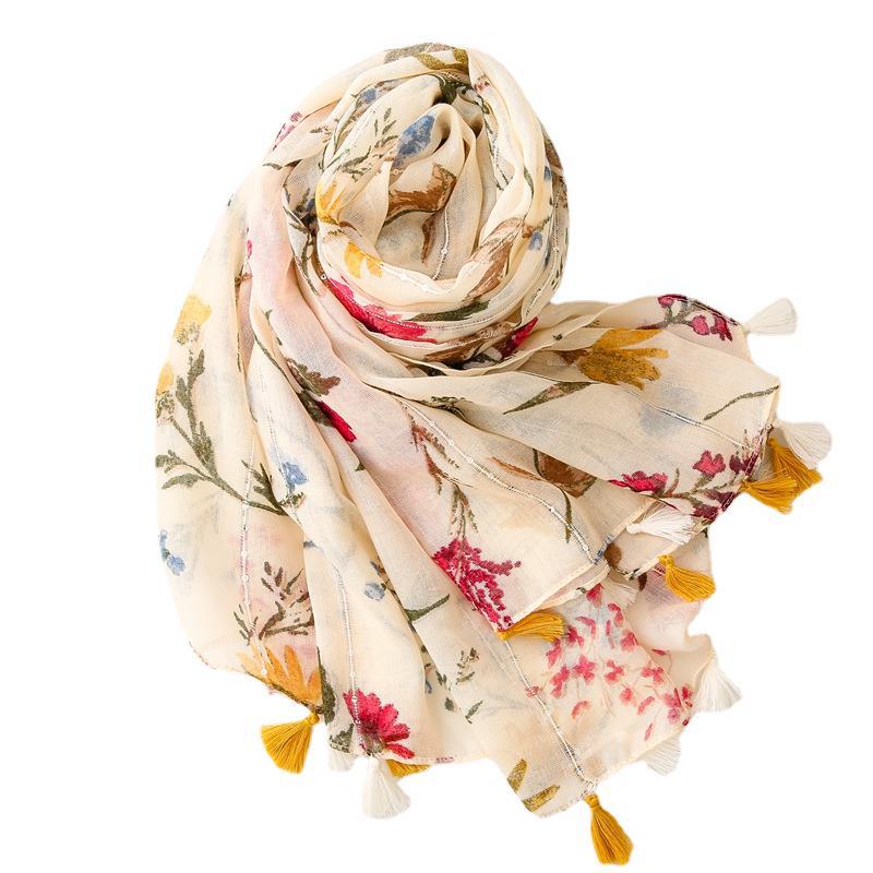 Retro Style Rice Coffee Flower With Sequin Scarf Travel Sunscreen Long Style - Premium Sjaals & omslagdoeken from My Store - Just €23.54! Shop now at KIYOO Royal Brand