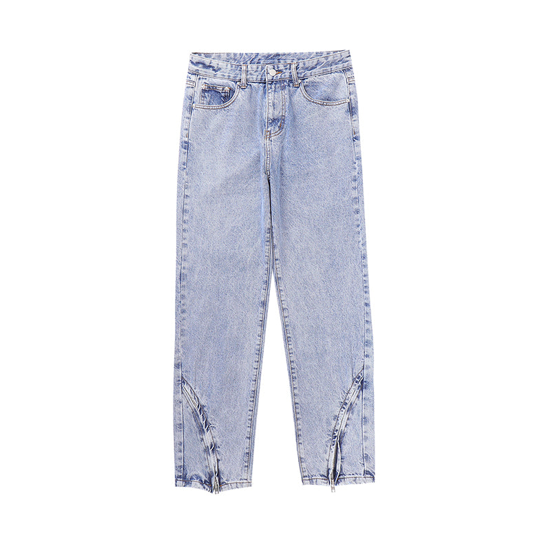 Vintage Washed Distressed Light Blue Zippered Jeans - Premium Jeans from My Store - Just €70.73! Shop now at KIYOO Royal Brand