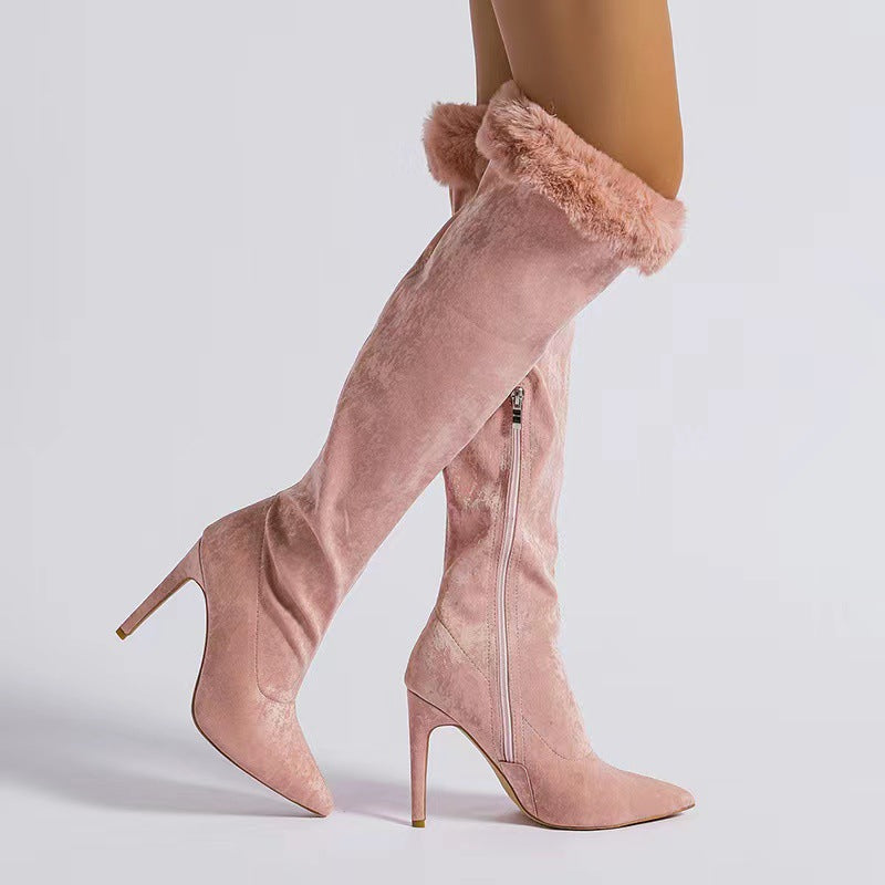 Fine Heel High Boots Large Tube Girth Pointed Tip Sleeve Lace Boots - Premium Dames laarzen from My Store - Just €88.46! Shop now at KIYOO Royal Brand