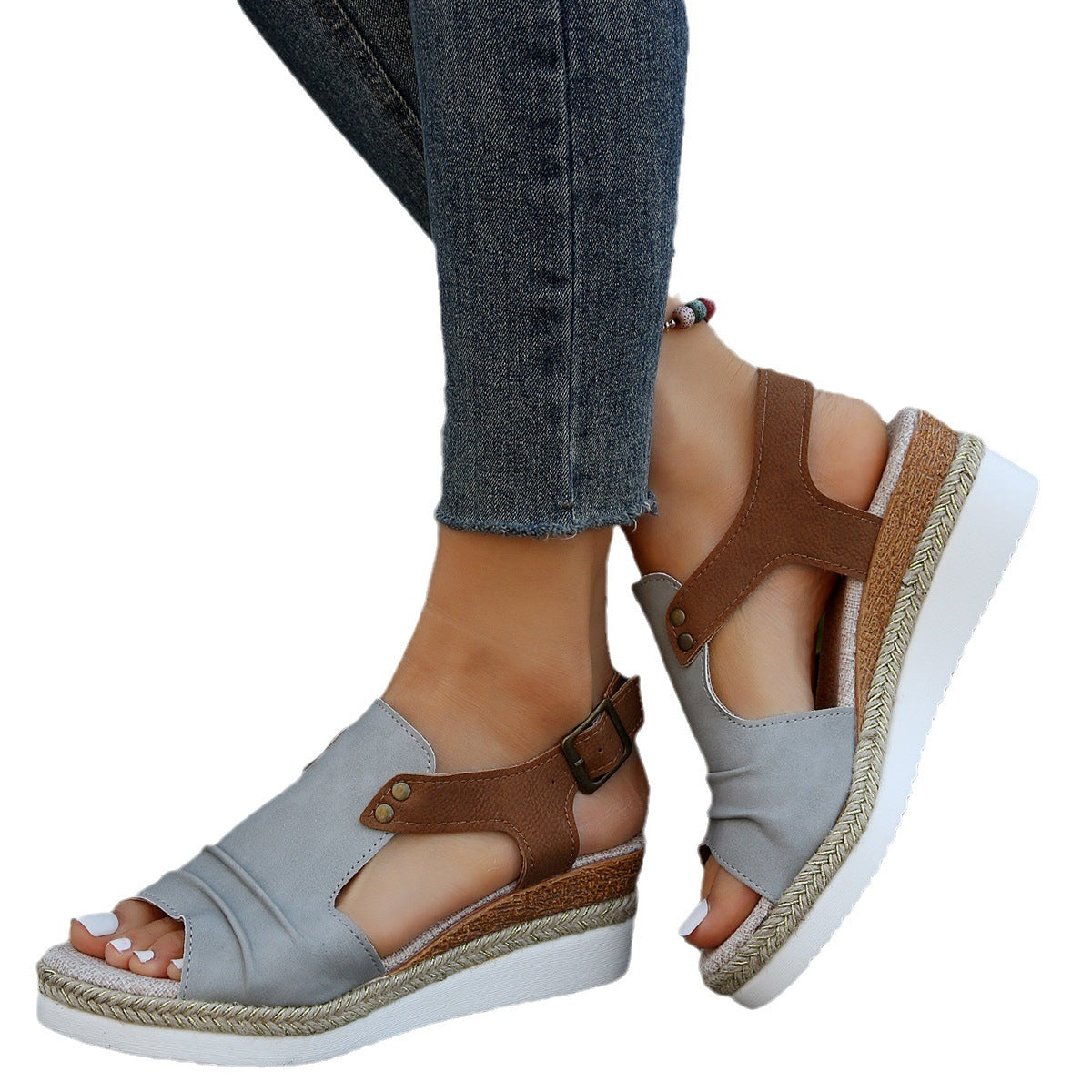 Women's Stylish Peep Toe Wedge Pleated Belt Buckle Platform Sandals - Premium Sandalen from My Store - Just €26.16! Shop now at KIYOO Royal Brand