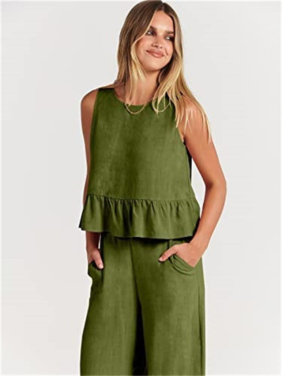 Pleated Vest And Wide-leg Cropped Pants