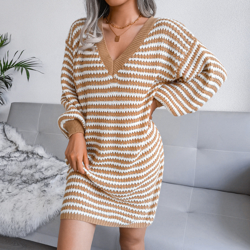 Ins Striped Sweater Dress V-neck - Premium Jurken from My Store - Just €51.51! Shop now at KIYOO Royal Brand