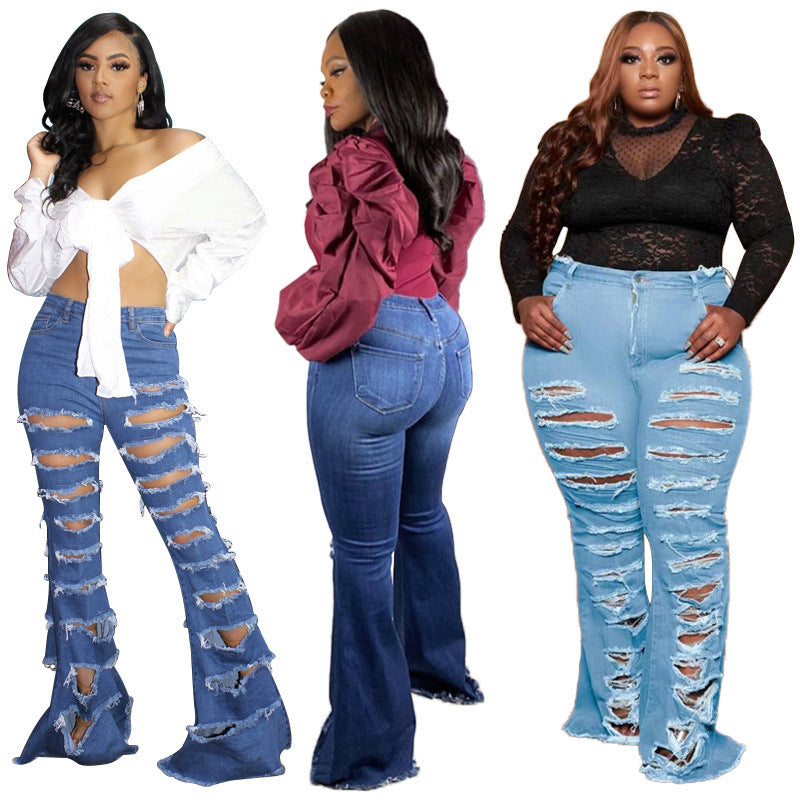 New Washing Trend Large Size Women's Torn Jeans - Premium Dames Jeans from My Store - Just €44.32! Shop now at KIYOO Royal Brand