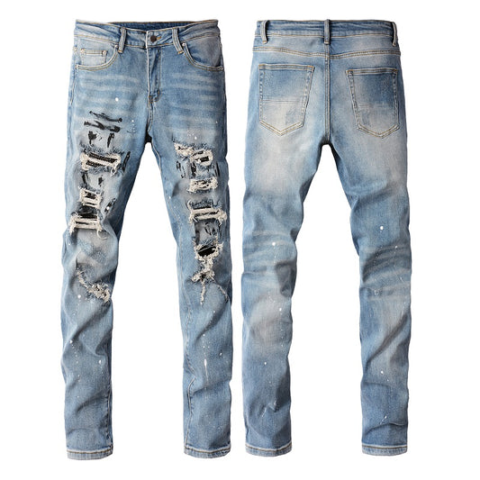 High Street Trendy Brand Worn Out Wash Paint Splashing Perforated Jeans - Premium Jeans from My Store - Just €108.32! Shop now at KIYOO Royal Brand