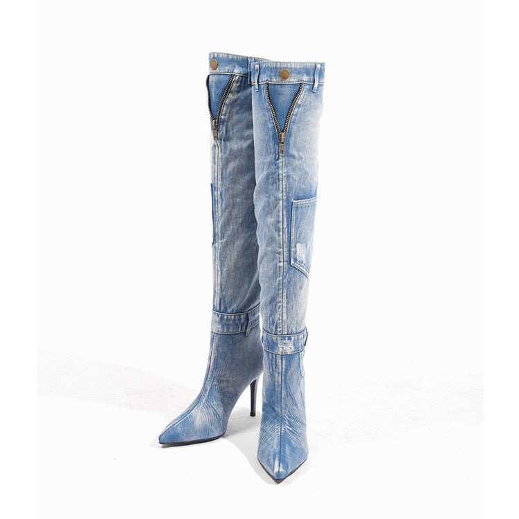 New Denim Over The Knee Elegant Slim Heel High Heel Riding Boots - Premium Dames laarzen from My Store - Just €194.63! Shop now at KIYOO Royal Brand