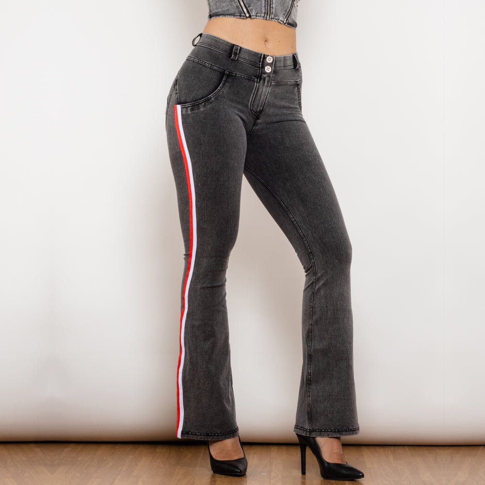 Shascullfites Melody Side Striped Middle Waist Grey Jeans Butt Lift Leggings Woman Sexy Push Up Jeans Denim Flare Pants - Premium Dames Jeans from My Store - Just €69.07! Shop now at KIYOO Royal Brand