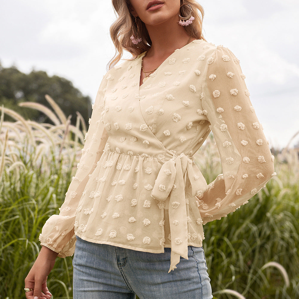 Jacquard Lace V-neck Long-sleeved Blouse Women - Premium Blouses from My Store - Just €60.89! Shop now at KIYOO Royal Brand