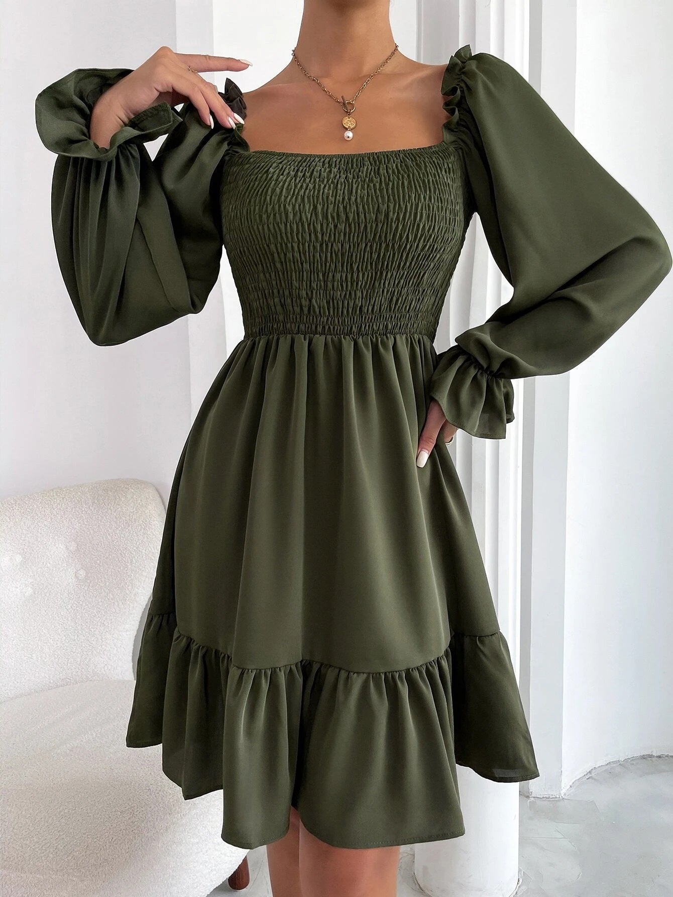 Flared Long Sleeve Dresses Women Square Neck Ruffled Swing Dress - Premium Jurken from My Store - Just €37.95! Shop now at KIYOO Royal Brand