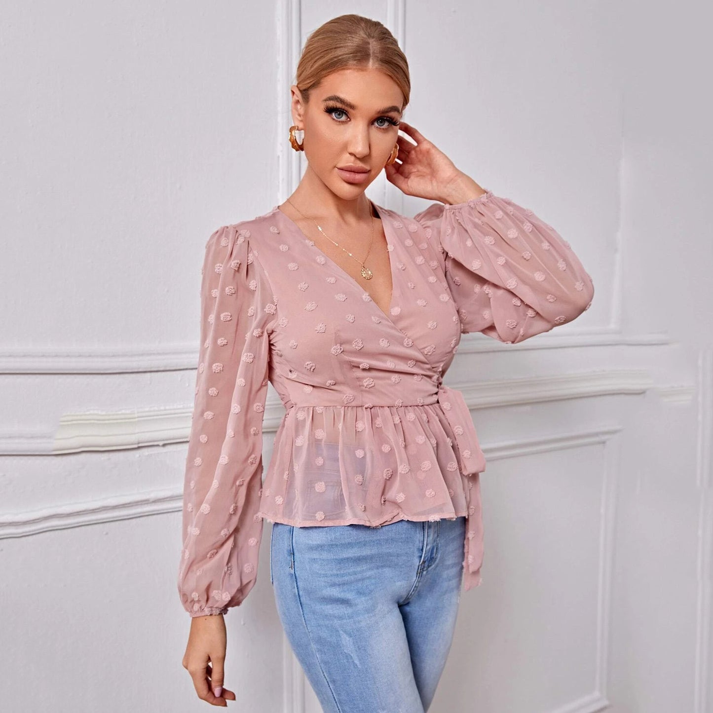 V-neck Slim-fit Light Mature Blouse Women - Premium Blouses from My Store - Just €55.42! Shop now at KIYOO Royal Brand