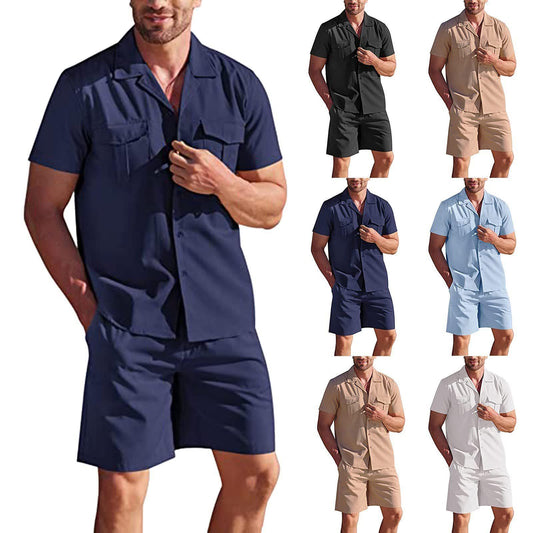 Lapel Collar Short Sleeve Shirt Set With Pockets - Premium korte broeken/shirts from My Store - Just €45.85! Shop now at KIYOO Royal Brand