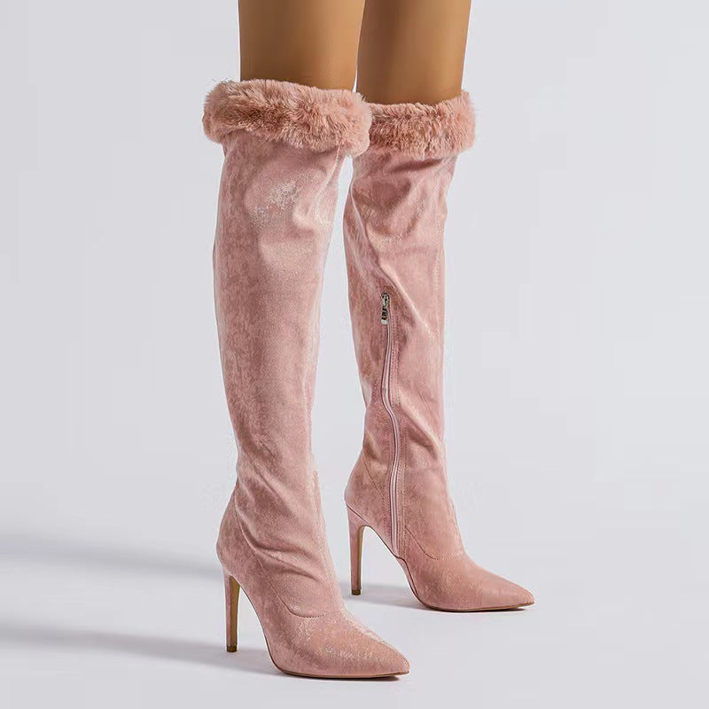 Fine Heel High Boots Large Tube Girth Pointed Tip Sleeve Lace Boots - Premium Dames laarzen from My Store - Just €88.46! Shop now at KIYOO Royal Brand