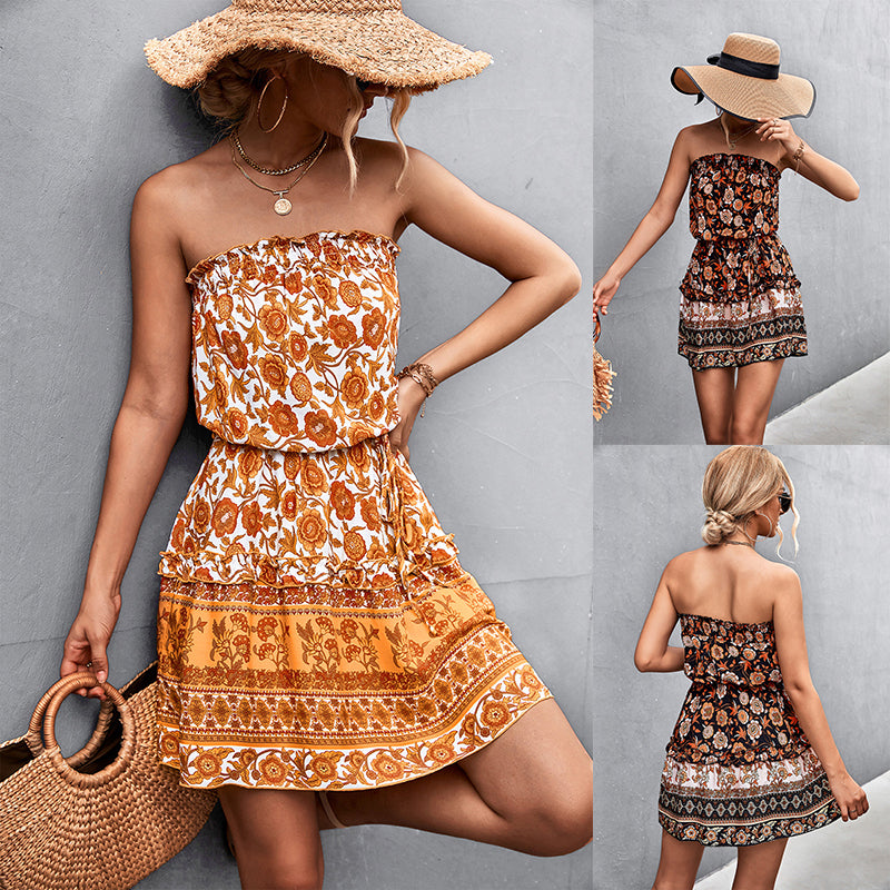 Women's Bohemian Floral Print Strapless Dress - Premium Jurken from My Store - Just €34.34! Shop now at KIYOO Royal Brand