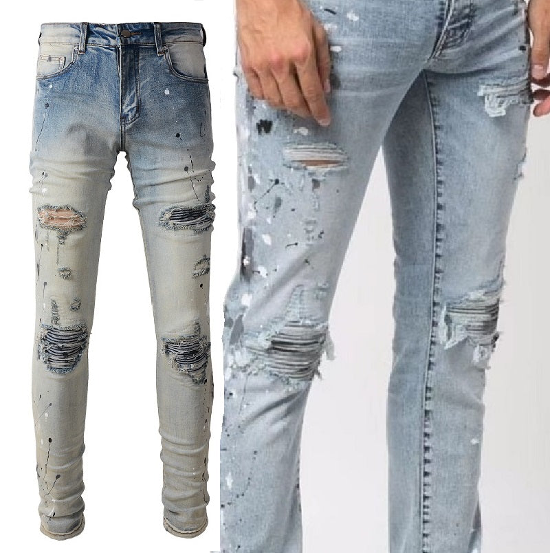 Light Colored Paint Splashing Ink Making Old Washed Jeans For Men - Premium Jeans from My Store - Just €106.88! Shop now at KIYOO Royal Brand