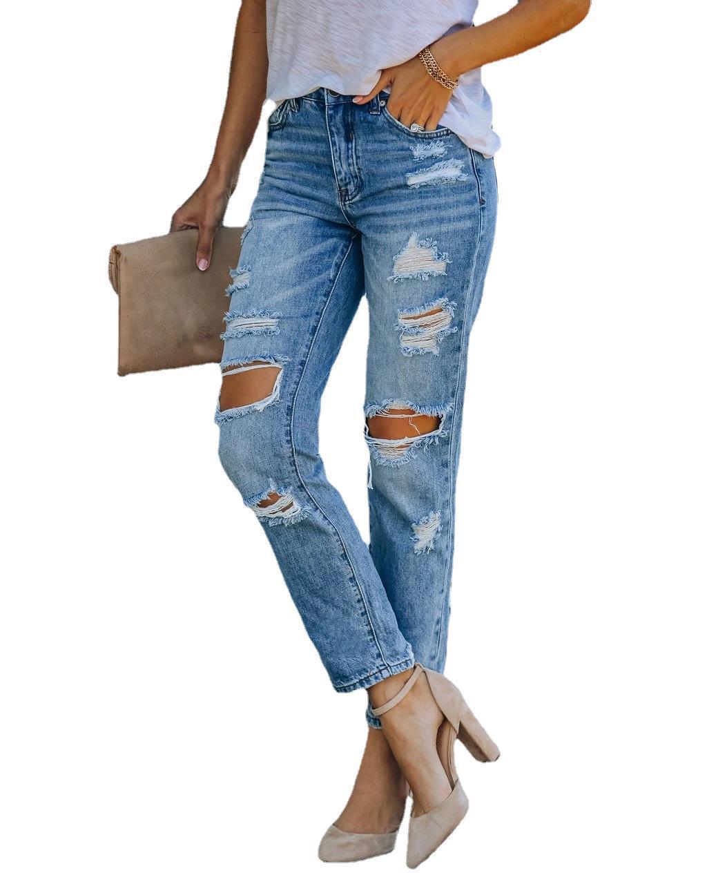 Women's Fashion Water Hole Straight Jeans Pants - Premium Dames Jeans from My Store - Just €35.17! Shop now at KIYOO Royal Brand