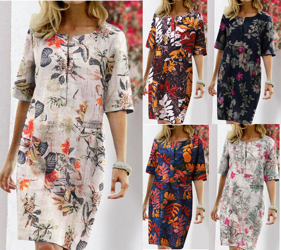 Floral Leaf Print Slit Round Neck Half Sleeve Dress - Premium Jurken from My Store - Just €29.55! Shop now at KIYOO Royal Brand