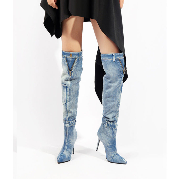 New Denim Over The Knee Elegant Slim Heel High Heel Riding Boots - Premium Dames laarzen from My Store - Just €194.63! Shop now at KIYOO Royal Brand