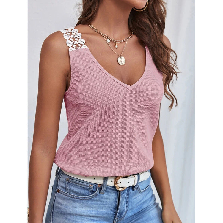 V-hals vest met wafelpatroon Mouwloze kanten tanktops - Premium topjes/shirt from My Store - Just €20.38! Shop now at KIYOO Royal Brand