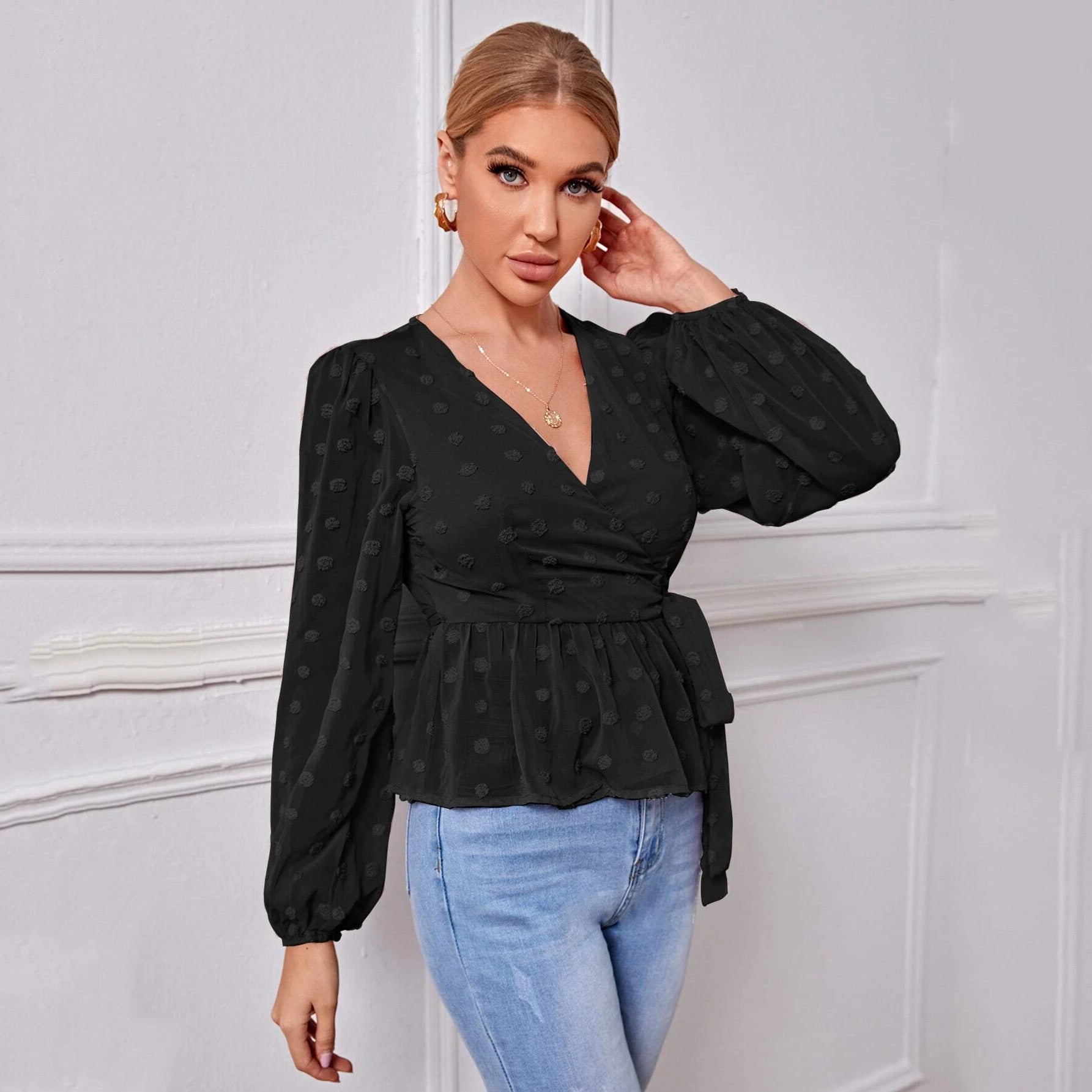 V-neck Slim-fit Light Mature Blouse Women - Premium Blouses from My Store - Just €55.42! Shop now at KIYOO Royal Brand