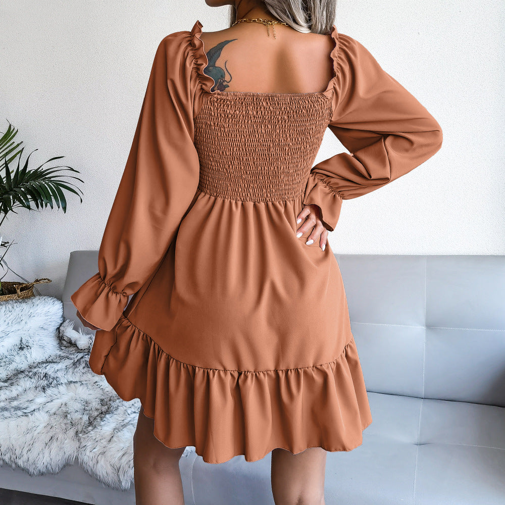 Flared Long Sleeve Dresses Women Square Neck Ruffled Swing Dress - Premium Jurken from My Store - Just €37.95! Shop now at KIYOO Royal Brand