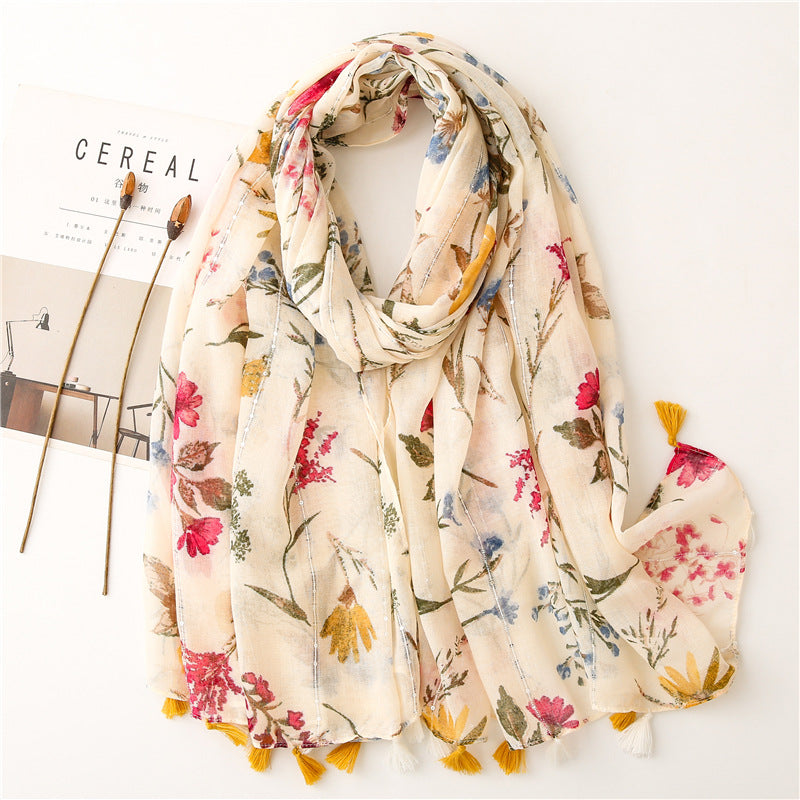 Retro Style Rice Coffee Flower With Sequin Scarf Travel Sunscreen Long Style - Premium Sjaals & omslagdoeken from My Store - Just €23.54! Shop now at KIYOO Royal Brand