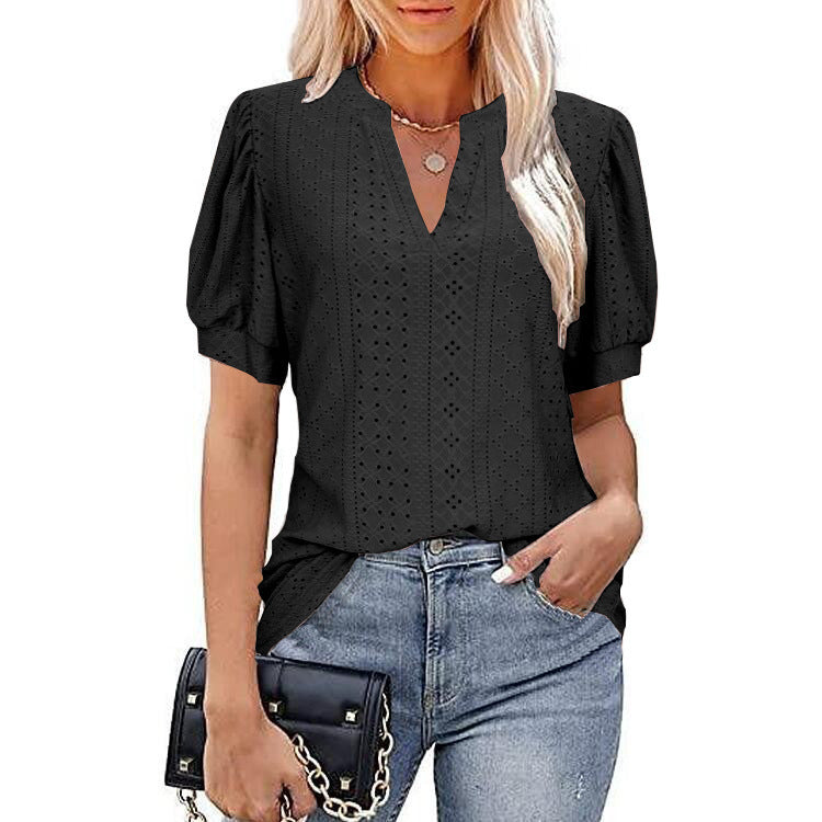 T-shirt met V-hals, effen kleur, losse bolle mouwen - Premium topjes/shirt from My Store - Just €33.15! Shop now at KIYOO Royal Brand