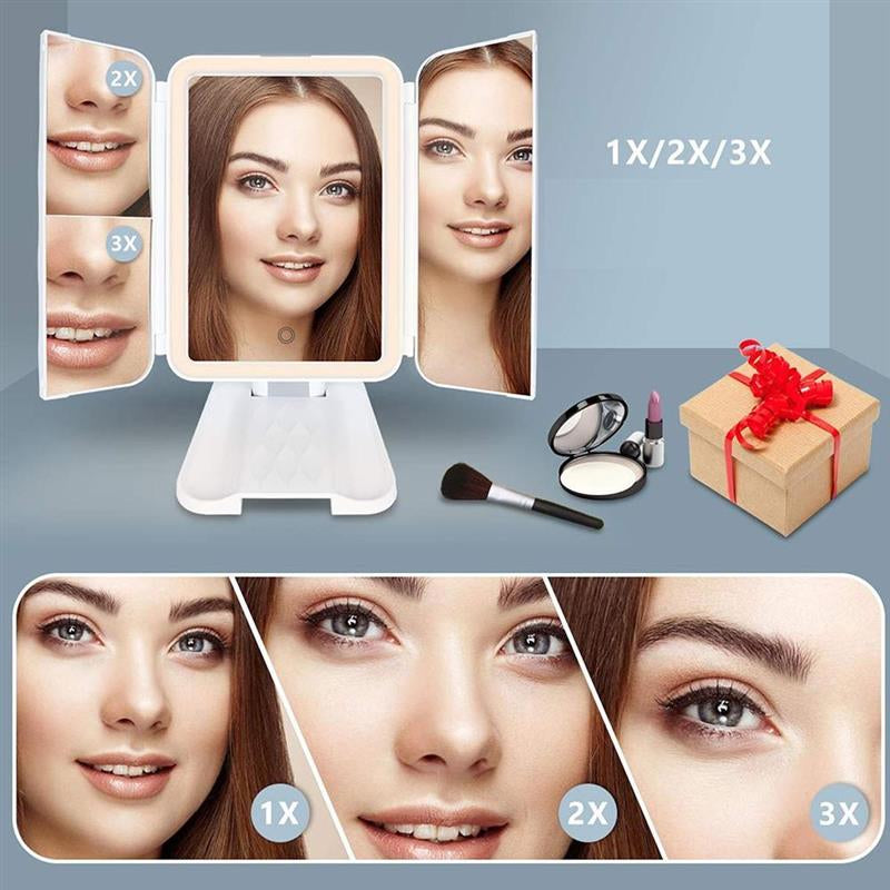 LED Light Makeup Mirror Magnifying Cosmetic 3 Fold Vanity Mirror 180 Rotation Adjustable Touch Dimmer Table Makeup Mirror