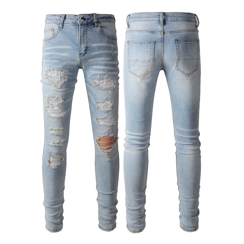 Light Colored Hot Diamond Patch With Holes In Elastic Tight Jeans For Men - Premium Jeans from My Store - Just €110.37! Shop now at KIYOO Royal Brand