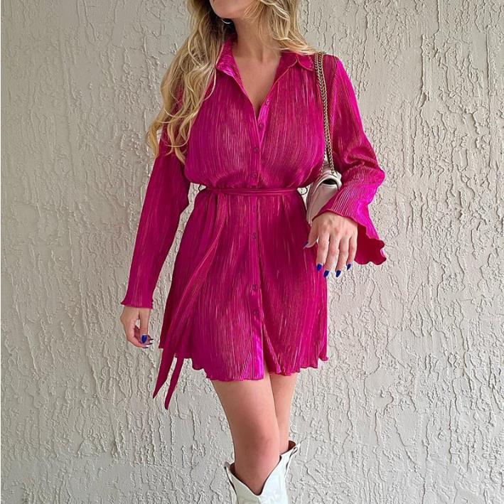 Shirt Dresses For Women  Vneck Long Sleeve Mini Button Down Dress Casual Ruffle Tunic Tops With Belt - Premium Jurken from My Store - Just €46.02! Shop now at KIYOO Royal Brand