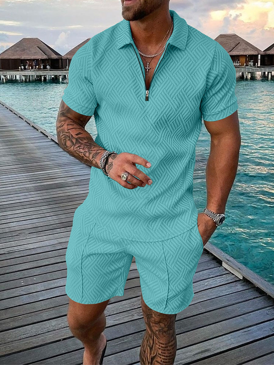 Contrast POLO Zip Lapel Shirt Short Sleeve Suit