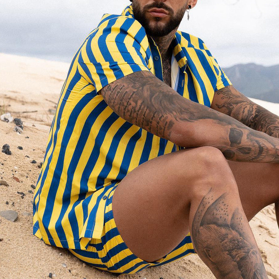 Men's Fashion Casual Beach Vertical Striped Shirt And Shorts Suit - Premium korte broeken/shirts from My Store - Just €39.95! Shop now at KIYOO Royal Brand