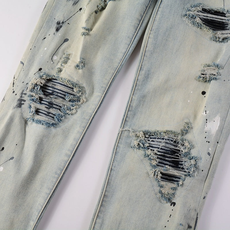 Light Colored Paint Splashing Ink Making Old Washed Jeans For Men - Premium Jeans from My Store - Just €106.88! Shop now at KIYOO Royal Brand